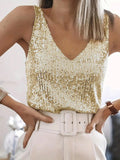 Golden Glow Sequin V-Neck Party Tank Top