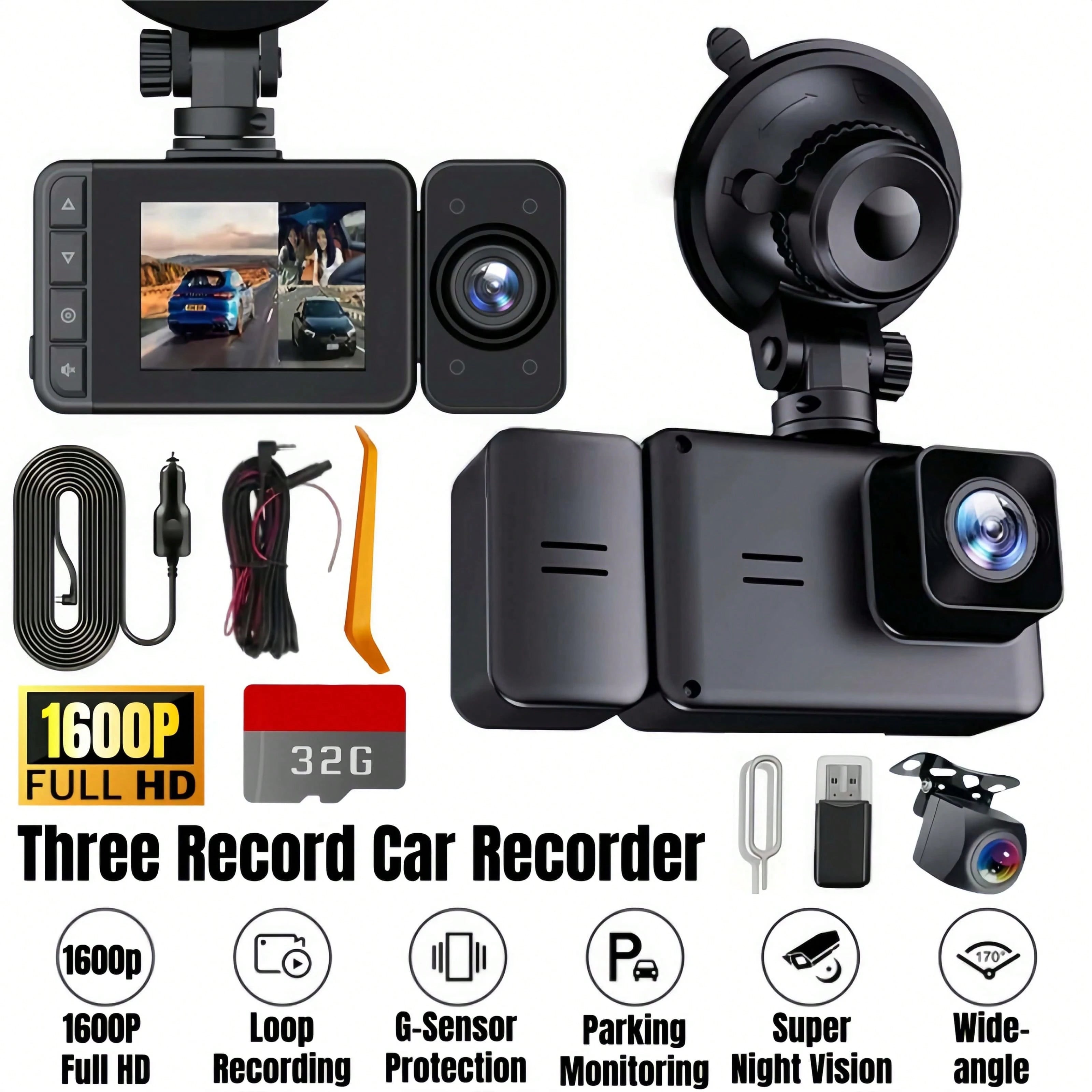 UltraView™ 1080P Triple-Channel Dash Cam + 32GB Card