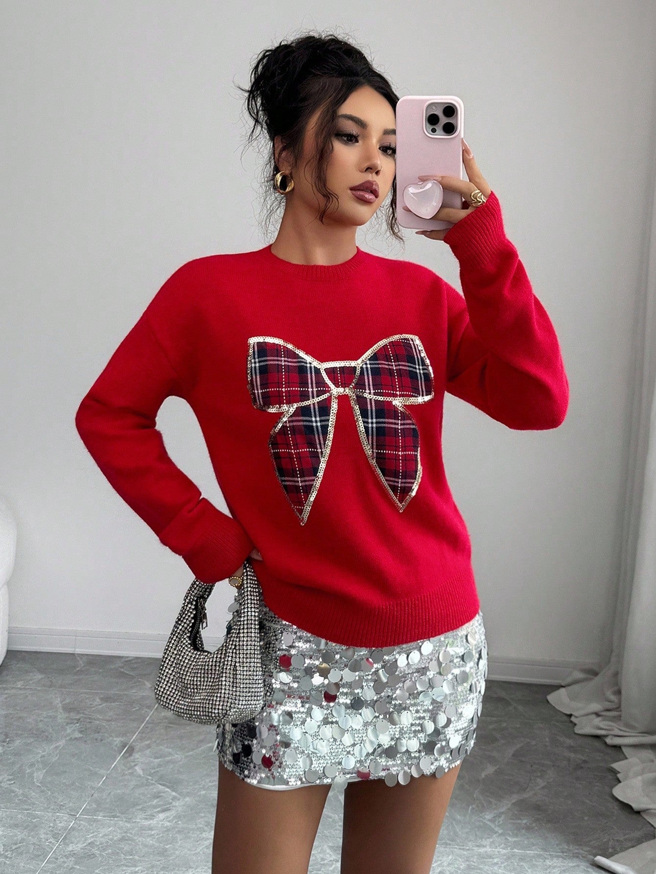 HolidayGlow™ Sequin Plaid Bow Sweater – Festive Knit Top for Autumn/Winter
