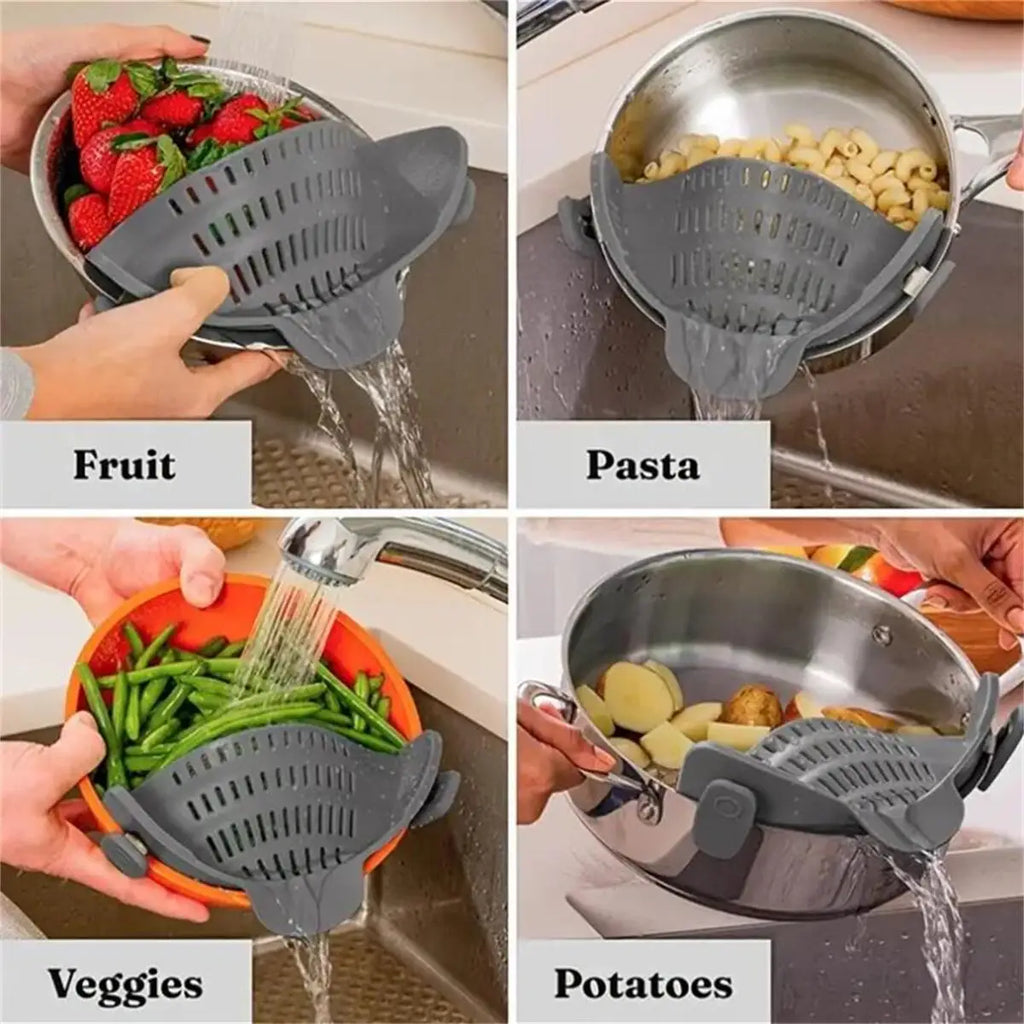 FlowEase™ – Everyday Silicone Clip-On Pot Strainer for Effortless Draining