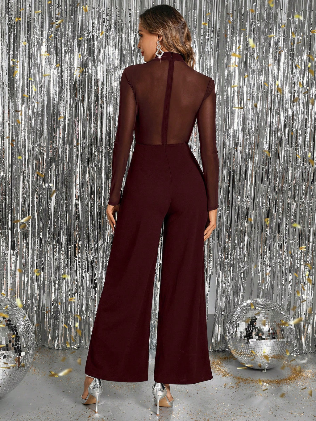 Gownix™ Luxe Rhinestone Mesh Jumpsuit – Burgundy Wide-Leg Evening One-Piece, Sparkling Crystal Bodice, Winter Gala & Holiday Party Elegance