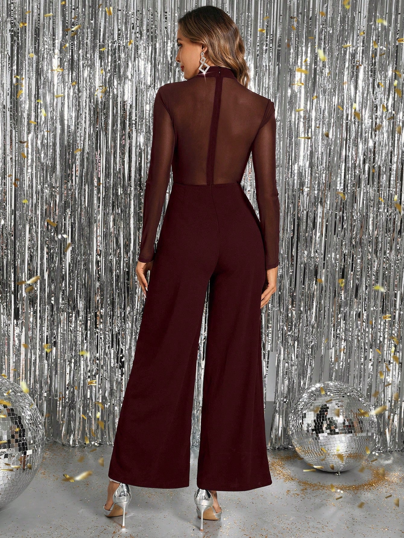 Gownix™ Luxe Rhinestone Mesh Jumpsuit – Burgundy Wide-Leg Evening One-Piece, Sparkling Crystal Bodice, Winter Gala & Holiday Party Elegance
