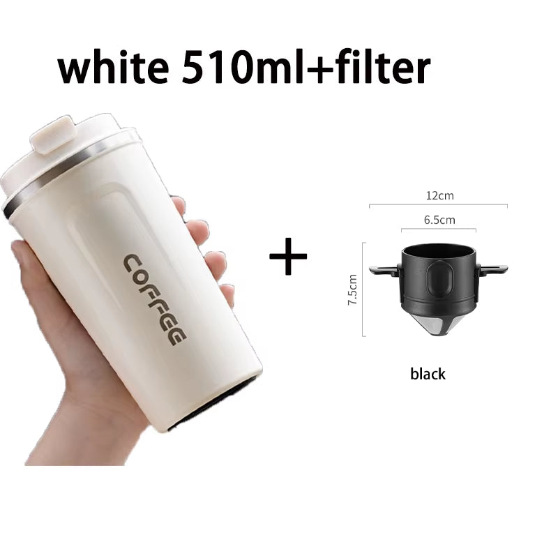 Portable Coffee Filter Cup – 380ml/510ml Reusable Stainless Steel Pour-Over Dripper & Thermal Mug Set