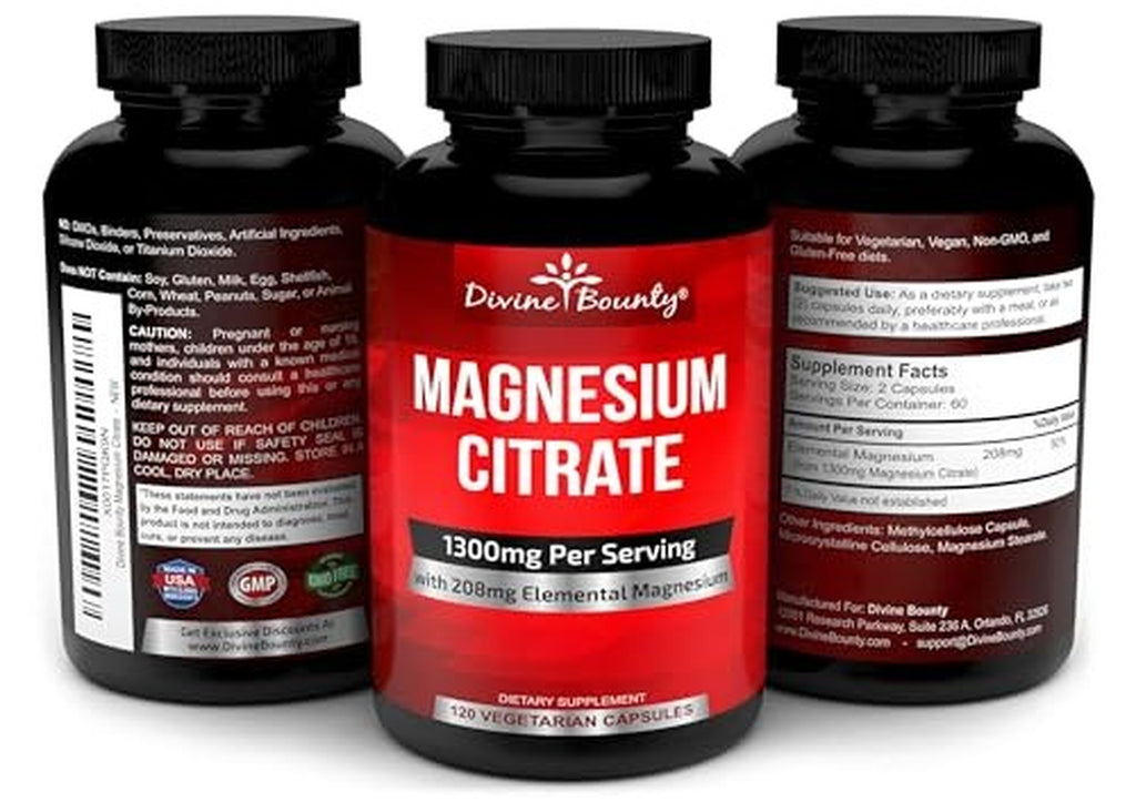 Pure Magnesium Citrate Capsules - 1300Mg Magnesium Supplement with Elemental