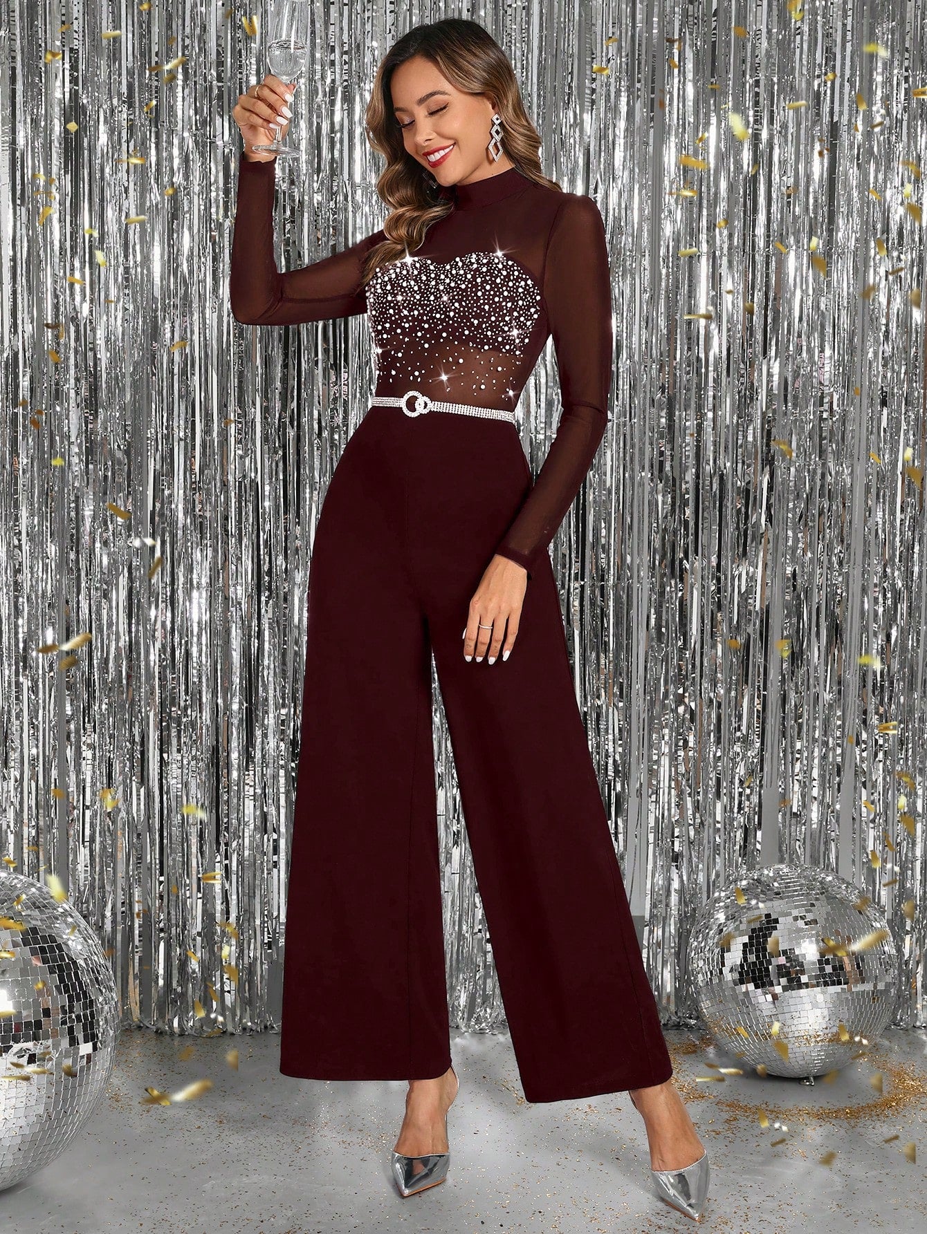 Gownix™ Luxe Rhinestone Mesh Jumpsuit – Burgundy Wide-Leg Evening One-Piece, Sparkling Crystal Bodice, Winter Gala & Holiday Party Elegance