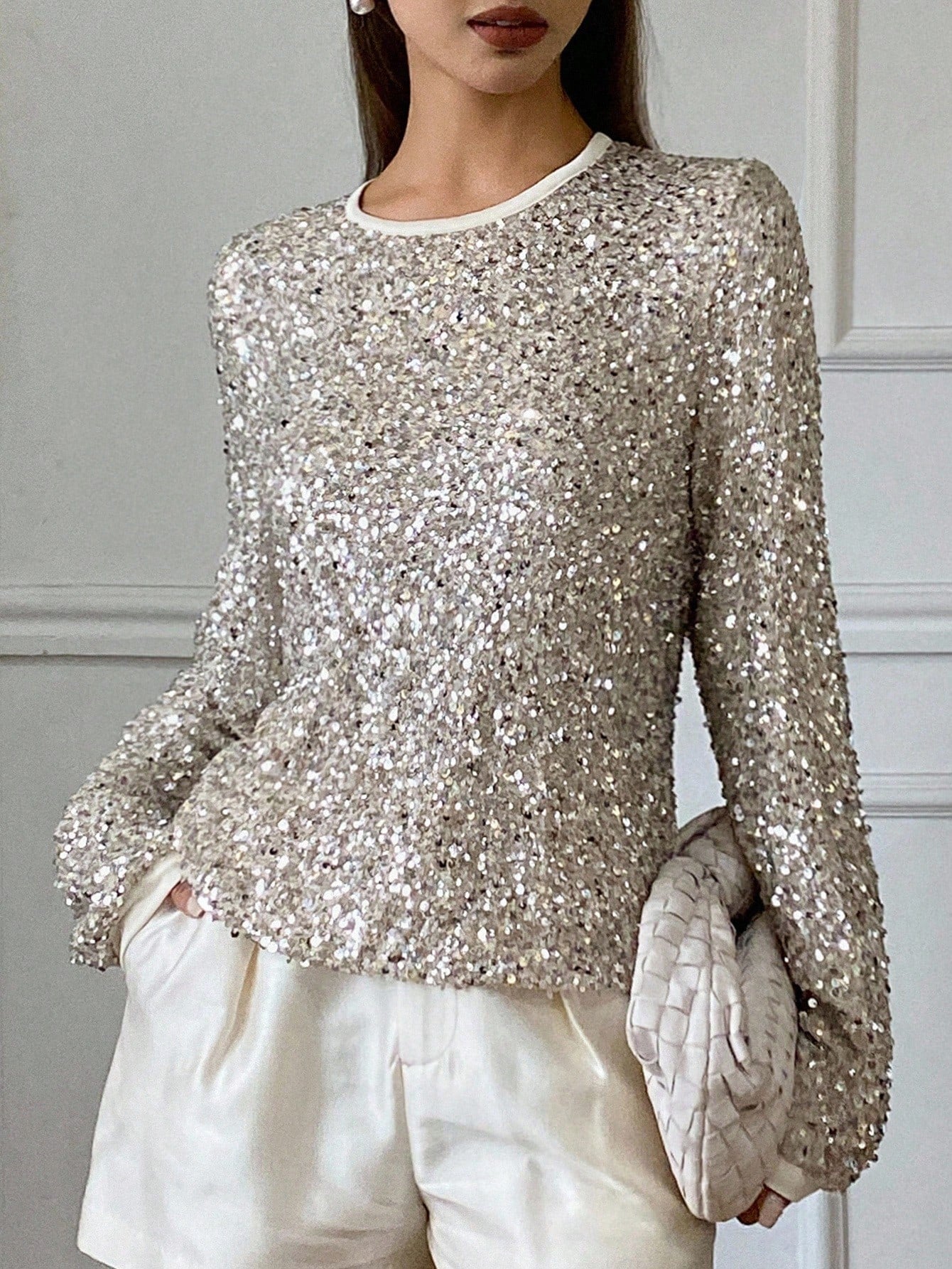 ShineLuxe™ Silver Sequin Long Sleeve Top – Elegant Sparkle Round-Neck Blouse for Women