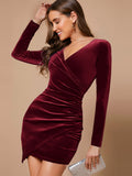Velvet Elegance Ruched Wrap Bodycon Dress – Luxe Winter Party Essential