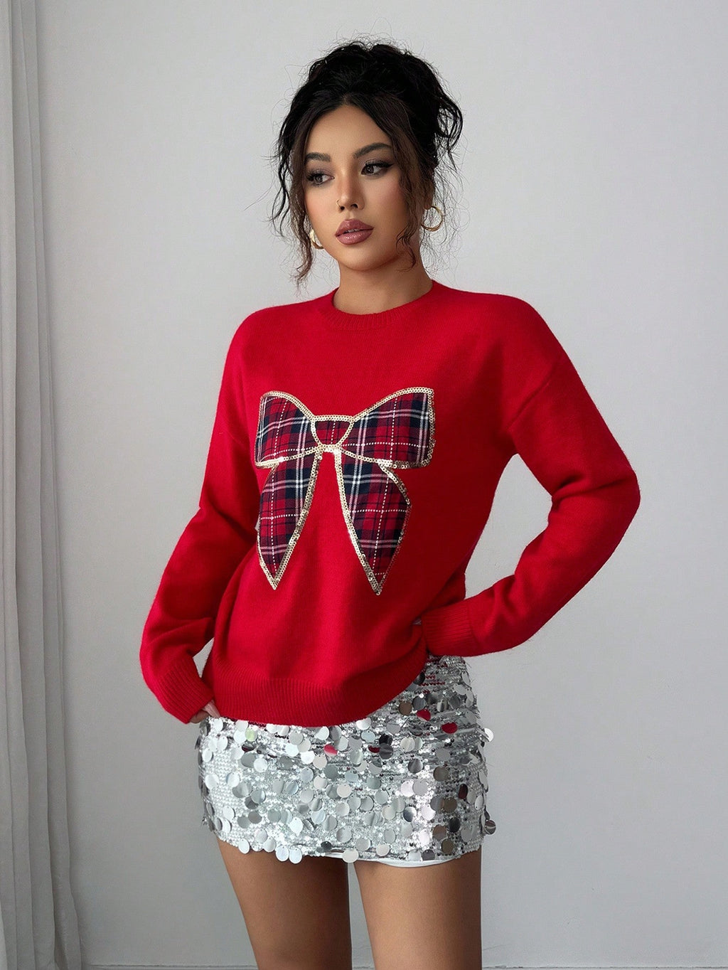 HolidayGlow™ Sequin Plaid Bow Sweater – Festive Knit Top for Autumn/Winter