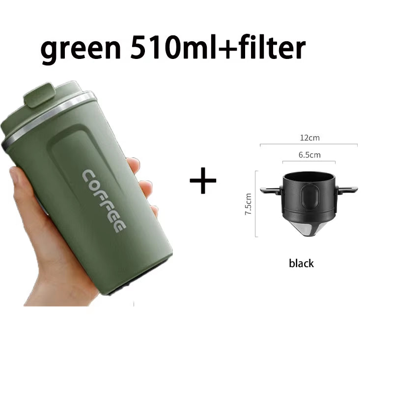 Portable Coffee Filter Cup – 380ml/510ml Reusable Stainless Steel Pour-Over Dripper & Thermal Mug Set