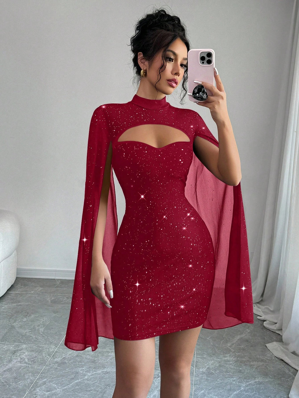Elegant Glitter Cape Sleeve Cut-Out Mini Dress – Holiday Party Showstopper