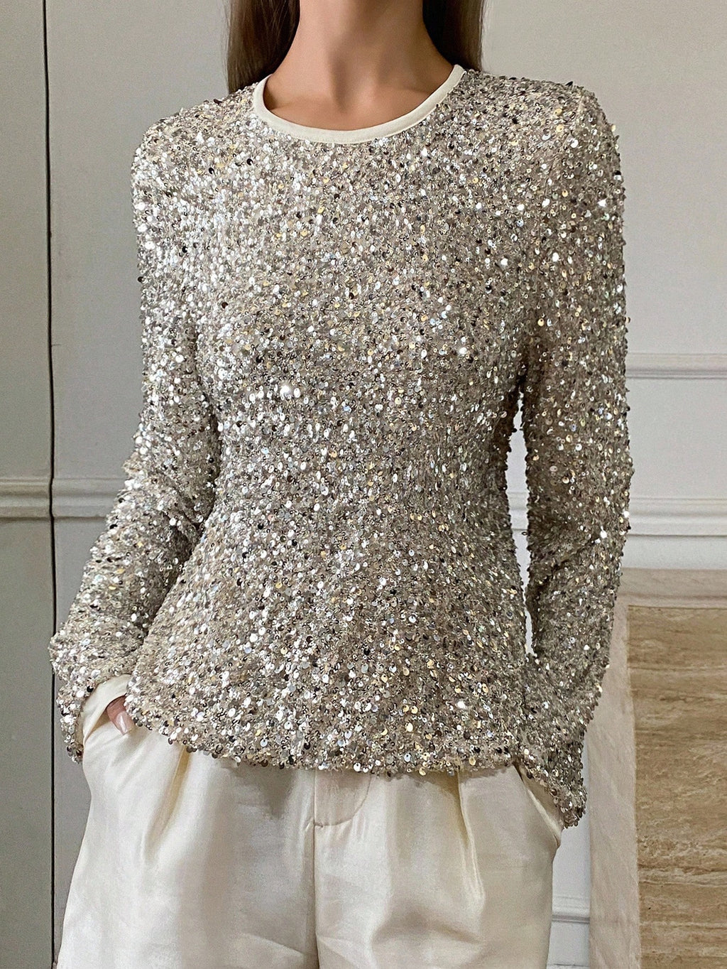 ShineLuxe™ Silver Sequin Long Sleeve Top – Elegant Sparkle Round-Neck Blouse for Women