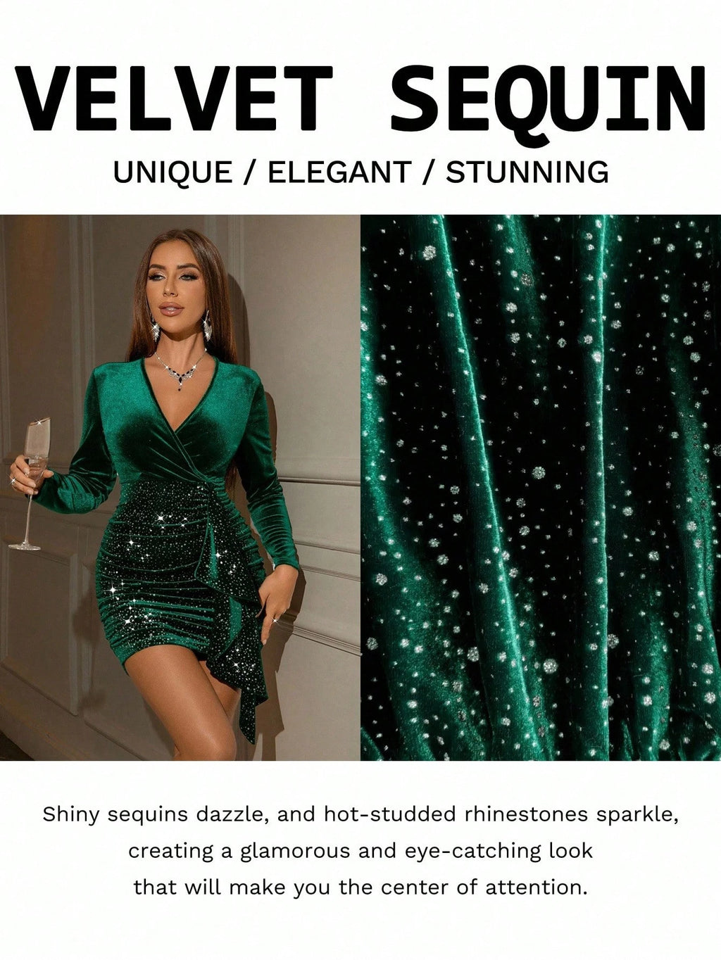 LuxeVelvet™ Emerald Ruched Bodycon Party Dress – V-Neck, Long Sleeve, Tie-Waist
