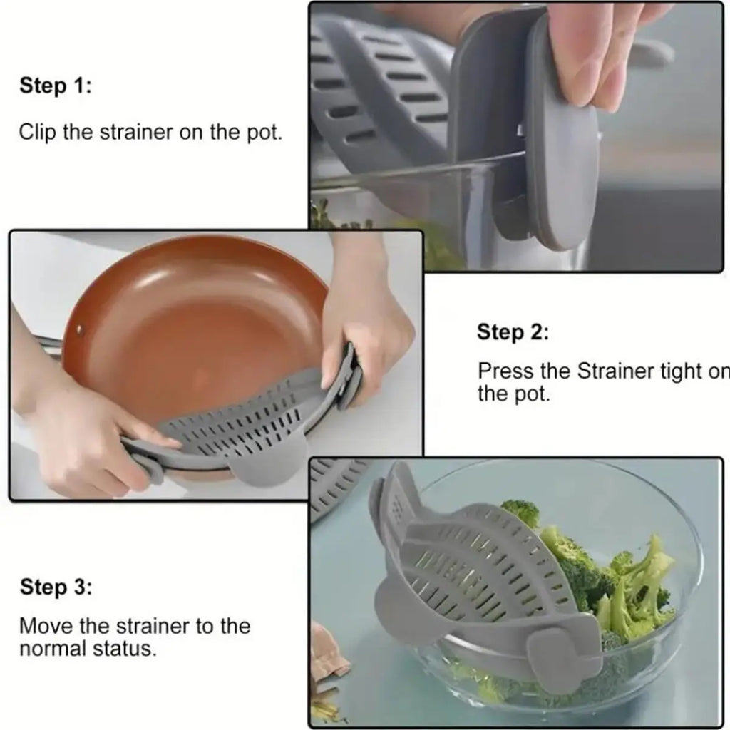 FlowEase™ – Everyday Silicone Clip-On Pot Strainer for Effortless Draining