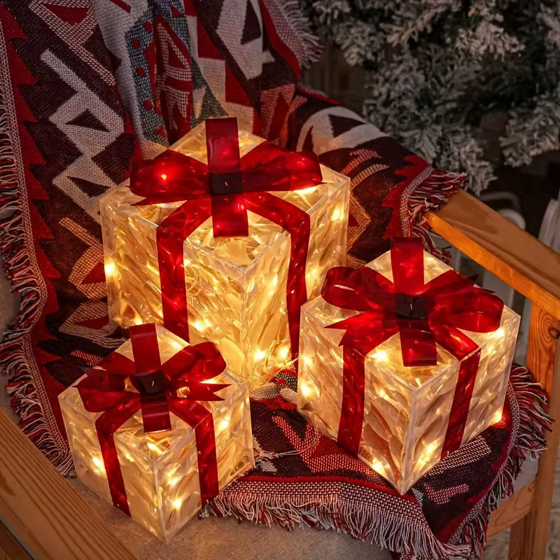 3-Piece Lighted Gift Box Set – Illuminated Christmas Decorations for Indoor & Outdoor Holiday Displays