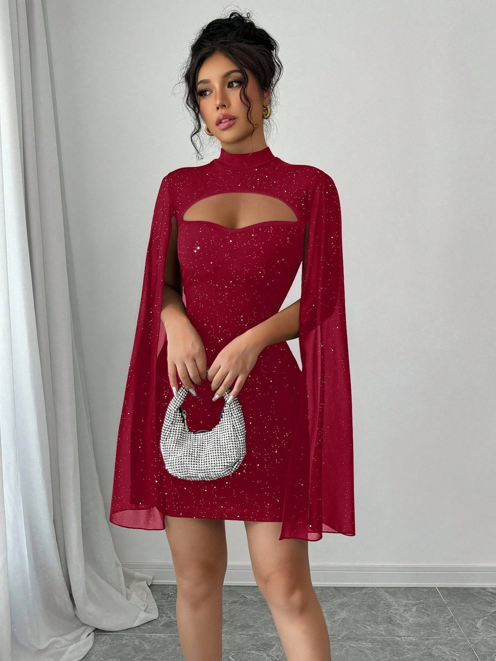 Elegant Glitter Cape Sleeve Cut-Out Mini Dress – Holiday Party Showstopper