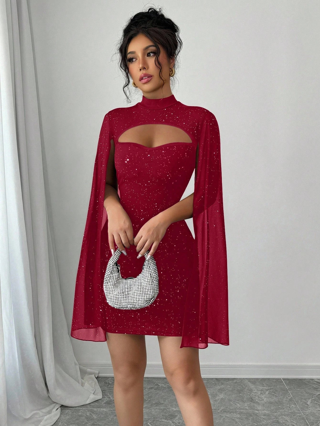Elegant Glitter Cape Sleeve Cut-Out Mini Dress – Holiday Party Showstopper