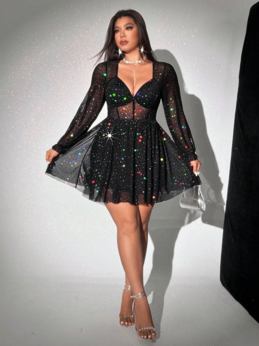 VivaRelle™ Plus Size Sparkle Mesh V-Neck Party Mini Dress – Long Sleeve, Curve-Hugging Elegance
