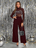 Gownix™ Luxe Rhinestone Mesh Jumpsuit – Burgundy Wide-Leg Evening One-Piece, Sparkling Crystal Bodice, Winter Gala & Holiday Party Elegance