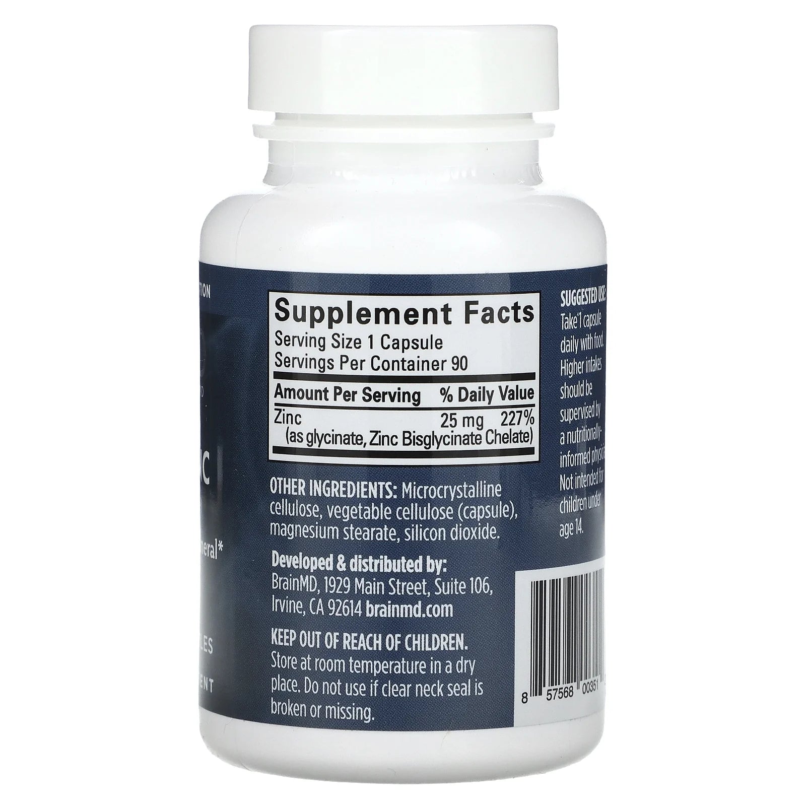 Neuro Zinc – 25 Mg Zinc Bisglycinate Chelate – 90 Vegan Capsules