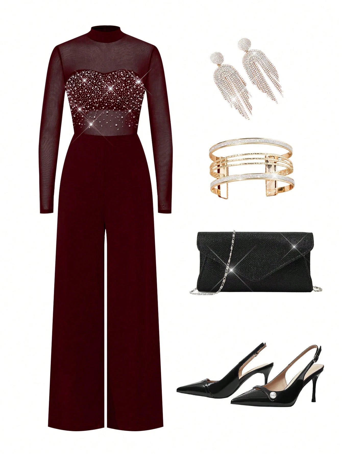 Gownix™ Luxe Rhinestone Mesh Jumpsuit – Burgundy Wide-Leg Evening One-Piece, Sparkling Crystal Bodice, Winter Gala & Holiday Party Elegance