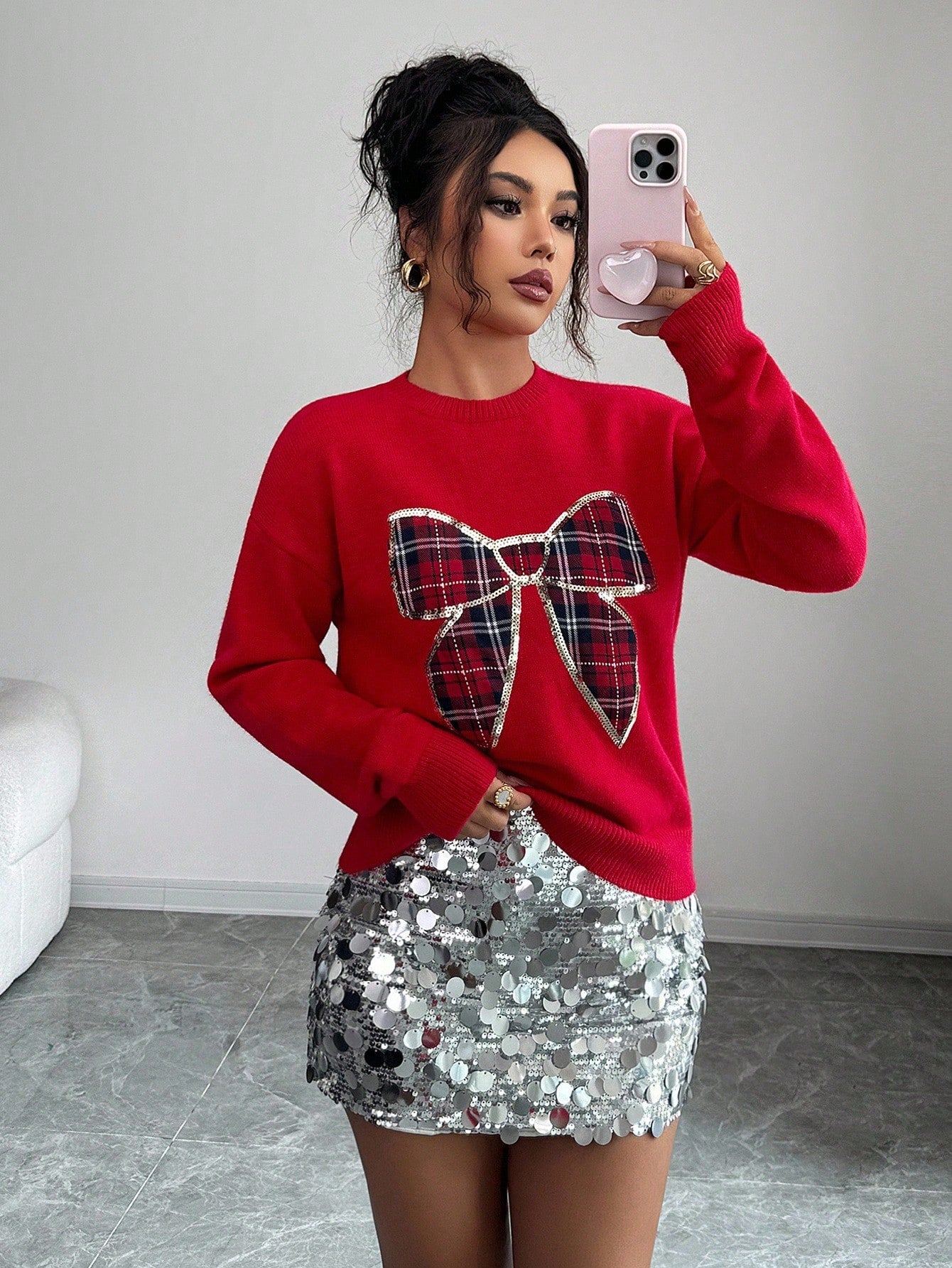 HolidayGlow™ Sequin Plaid Bow Sweater – Festive Knit Top for Autumn/Winter