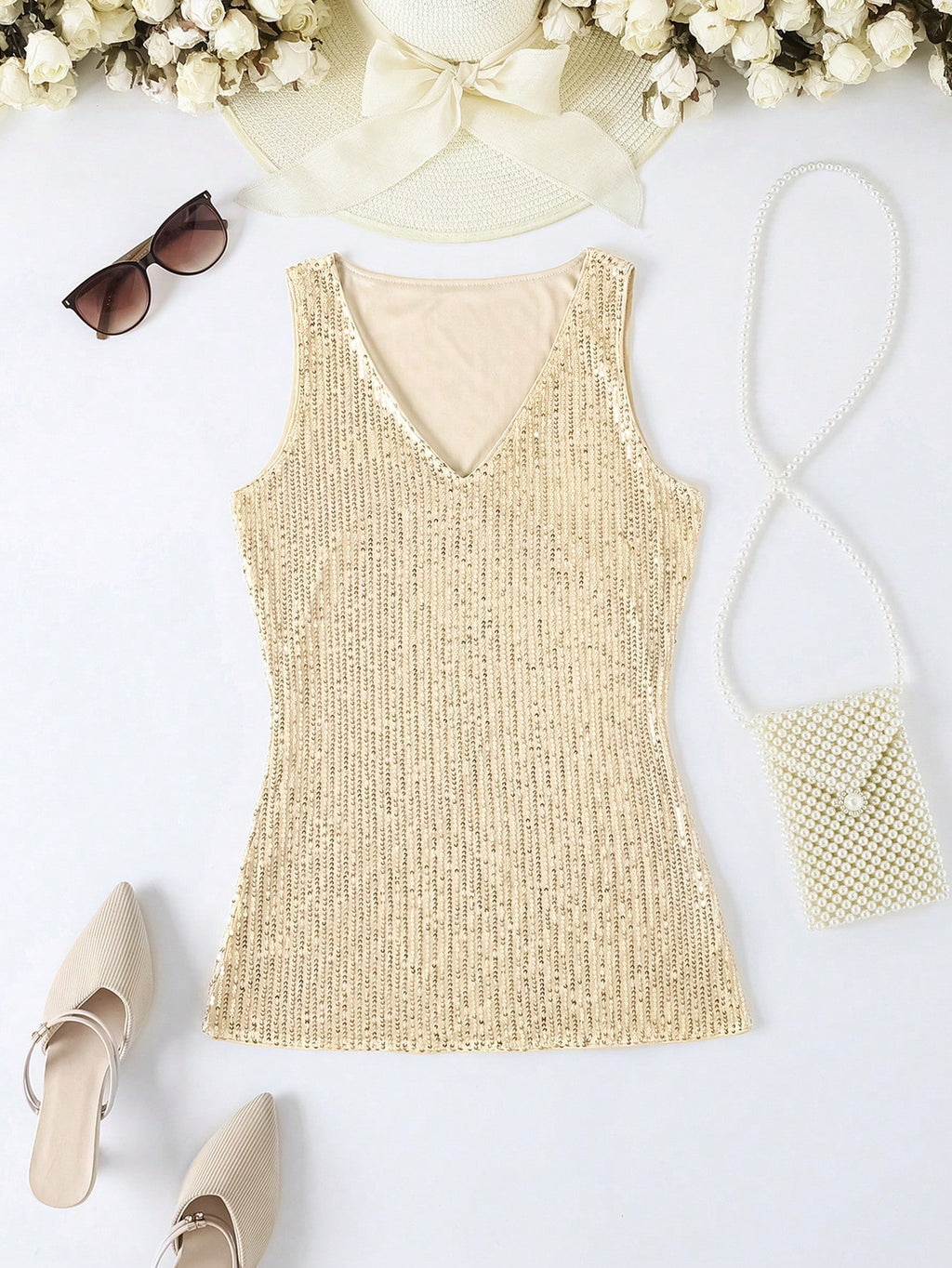 Golden Glow Sequin V-Neck Party Tank Top