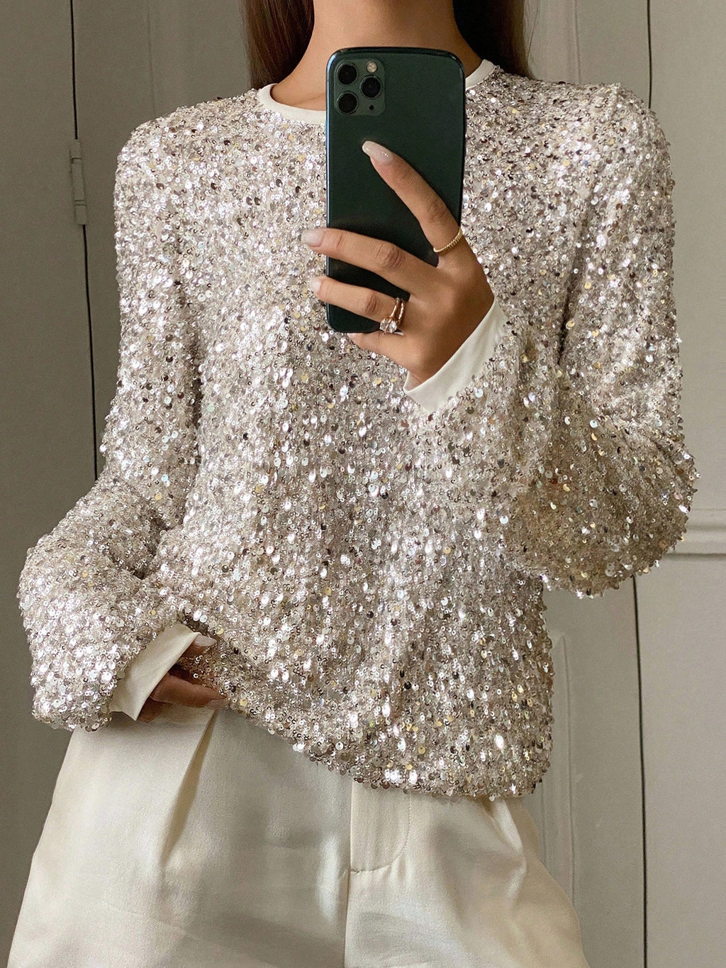 ShineLuxe™ Silver Sequin Long Sleeve Top – Elegant Sparkle Round-Neck Blouse for Women