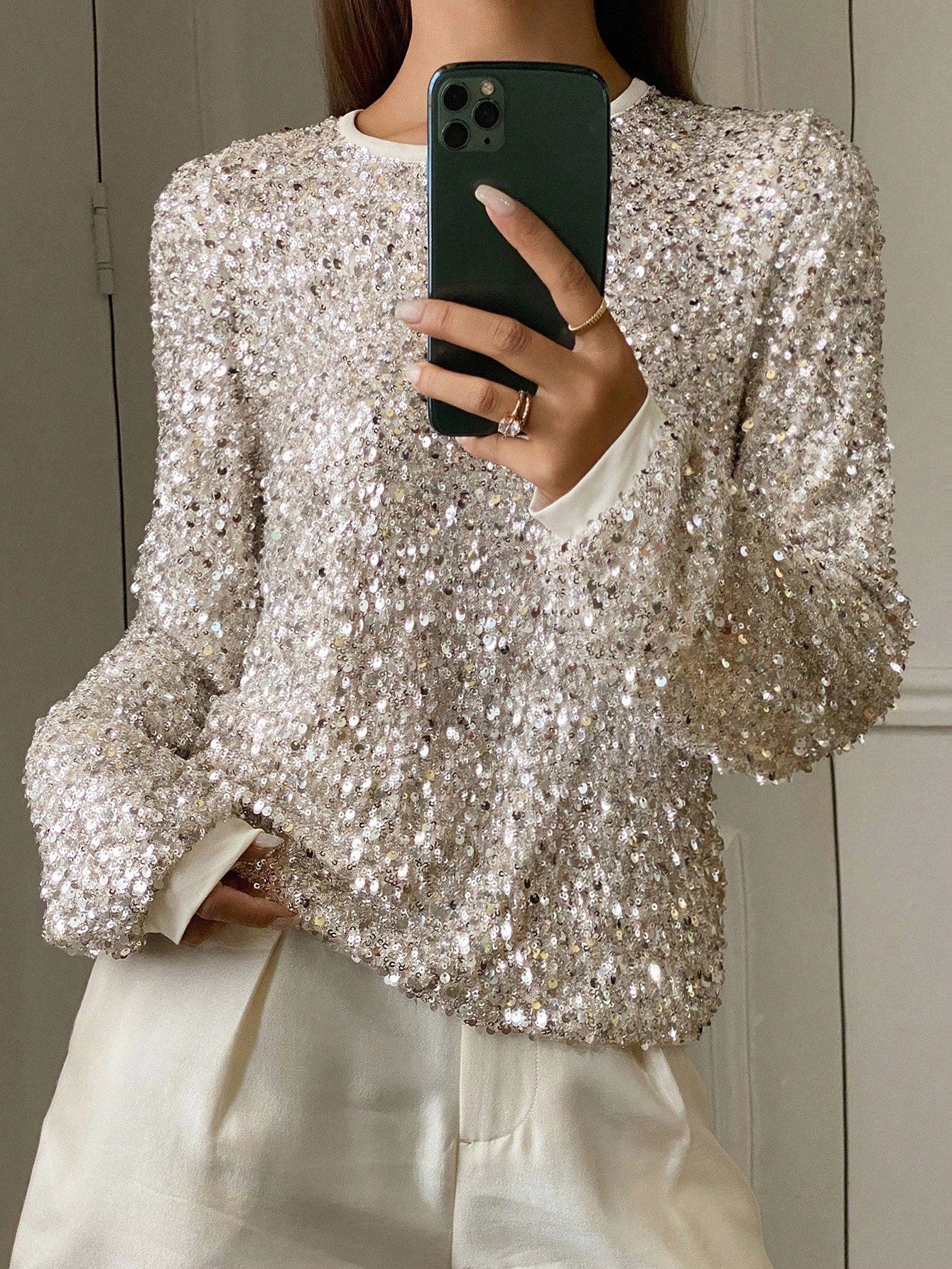 ShineLuxe™ Silver Sequin Long Sleeve Top – Elegant Sparkle Round-Neck Blouse for Women