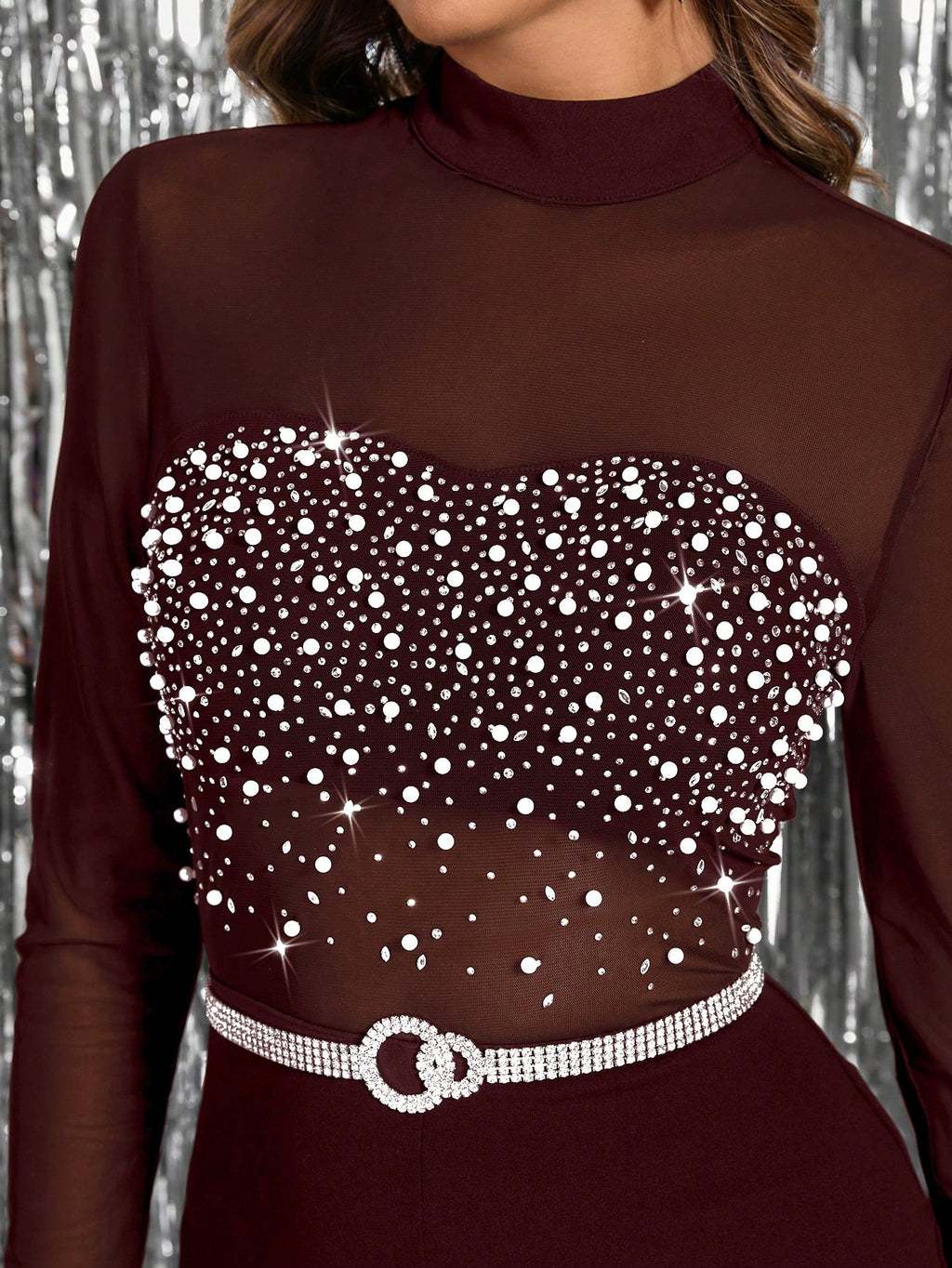 Gownix™ Luxe Rhinestone Mesh Jumpsuit – Burgundy Wide-Leg Evening One-Piece, Sparkling Crystal Bodice, Winter Gala & Holiday Party Elegance