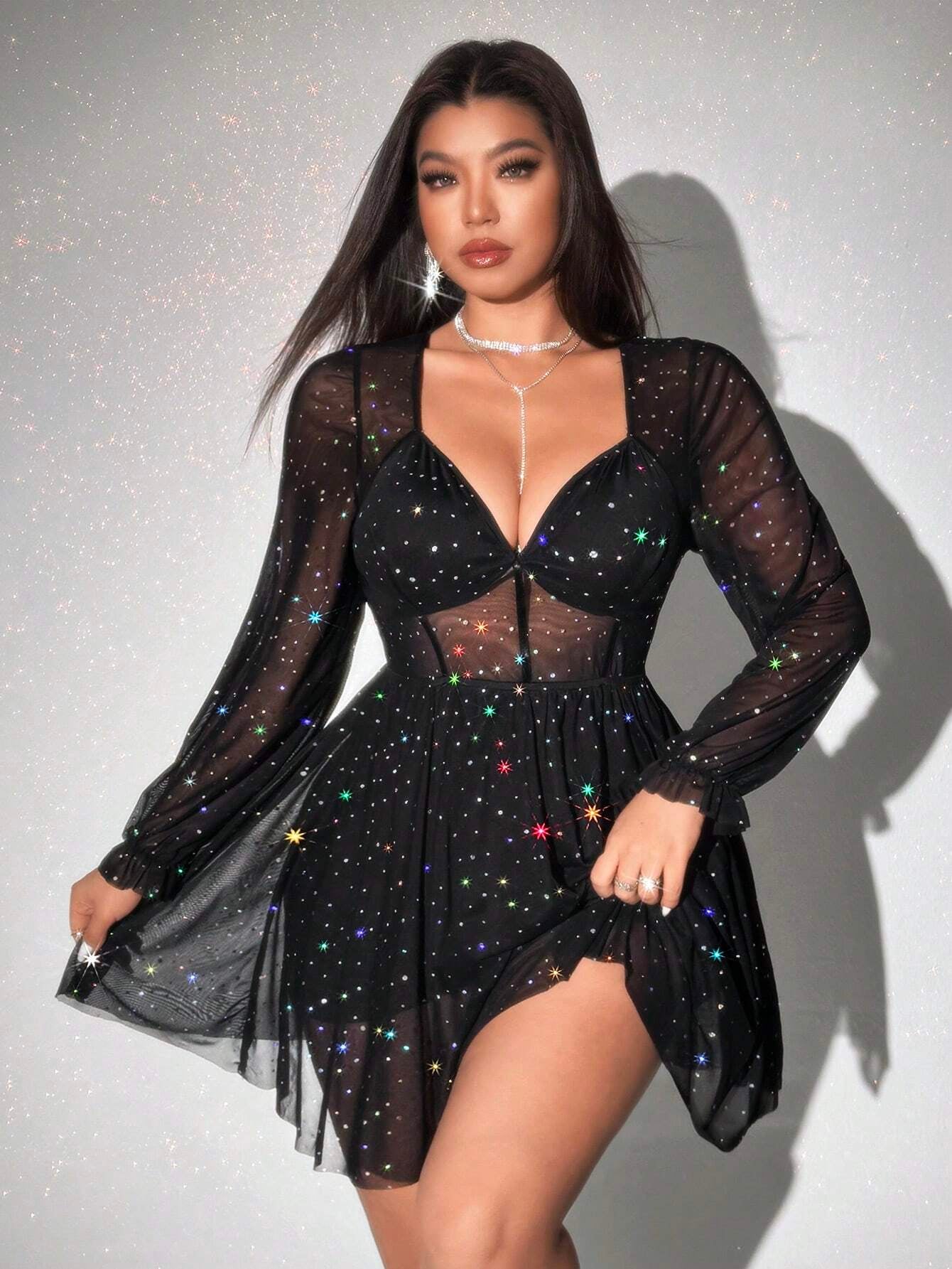 VivaRelle™ Plus Size Sparkle Mesh V-Neck Party Mini Dress – Long Sleeve, Curve-Hugging Elegance