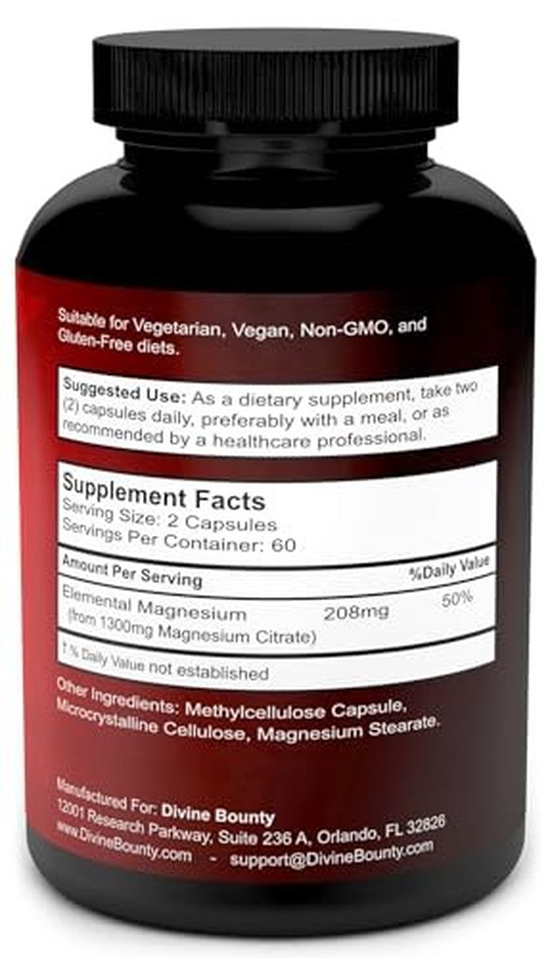 Pure Magnesium Citrate Capsules - 1300Mg Magnesium Supplement with Elemental