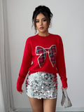 HolidayGlow™ Sequin Plaid Bow Sweater – Festive Knit Top for Autumn/Winter
