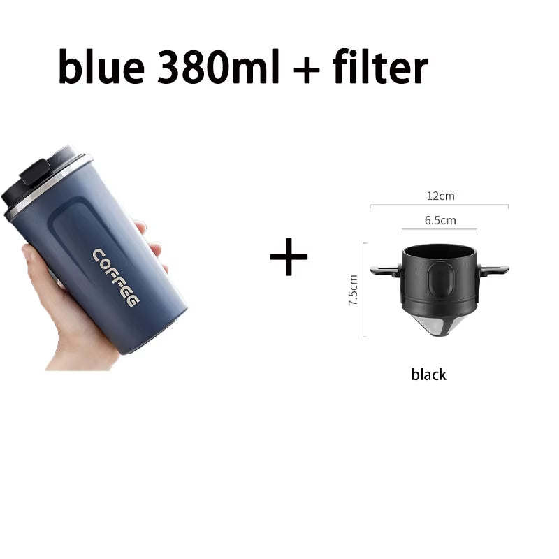 Portable Coffee Filter Cup – 380ml/510ml Reusable Stainless Steel Pour-Over Dripper & Thermal Mug Set