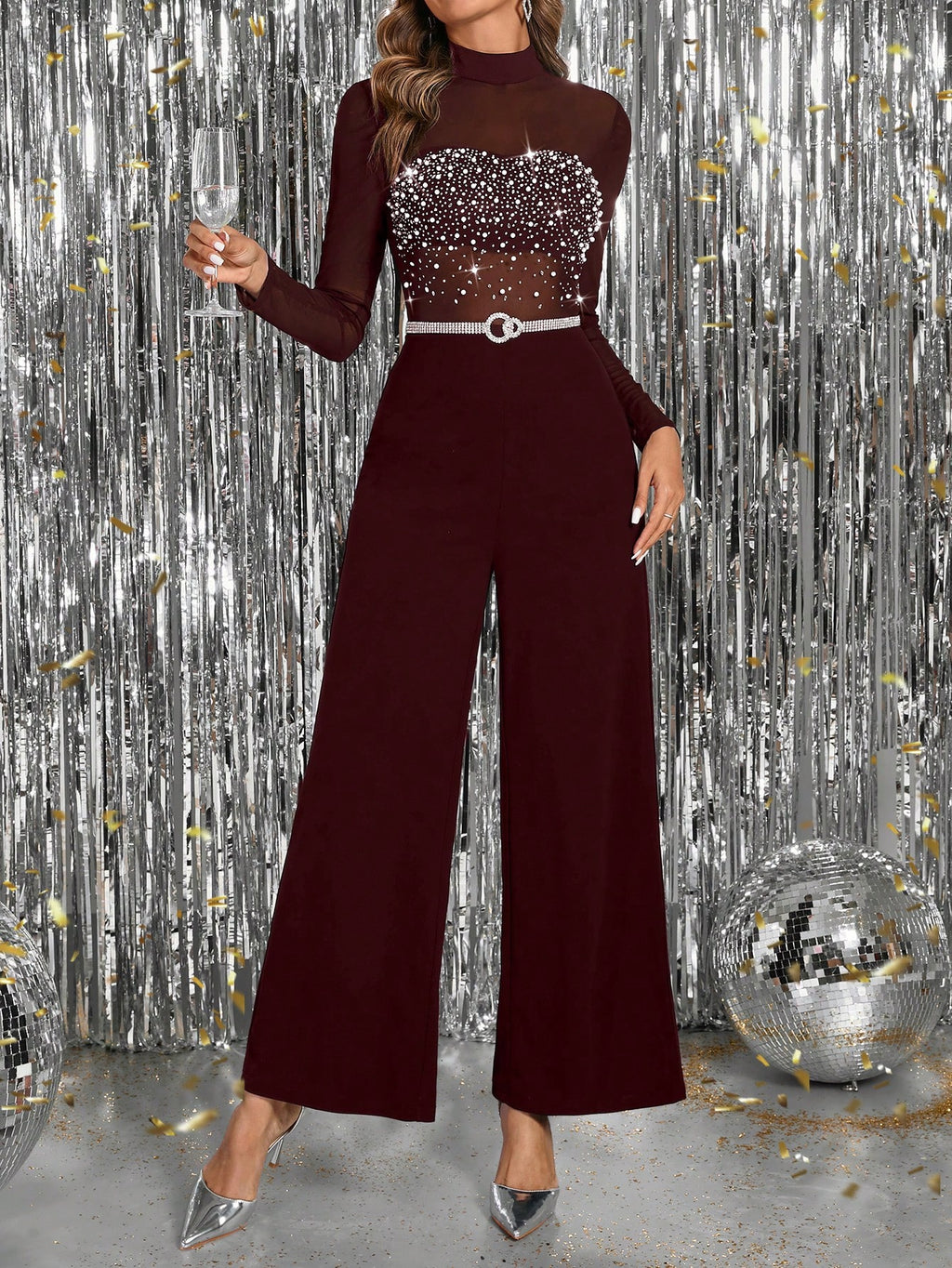 Gownix™ Luxe Rhinestone Mesh Jumpsuit – Burgundy Wide-Leg Evening One-Piece, Sparkling Crystal Bodice, Winter Gala & Holiday Party Elegance