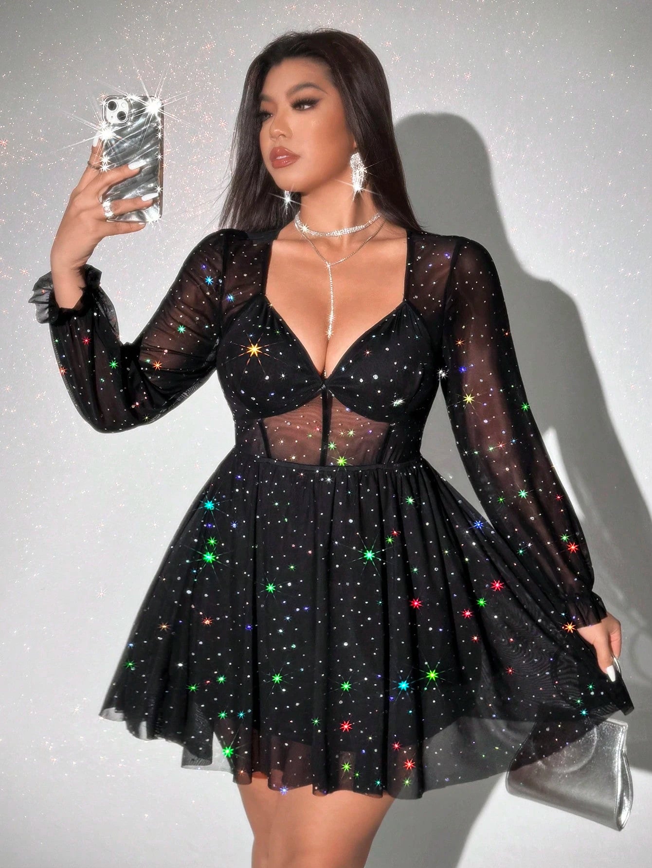 VivaRelle™ Plus Size Sparkle Mesh V-Neck Party Mini Dress – Long Sleeve, Curve-Hugging Elegance