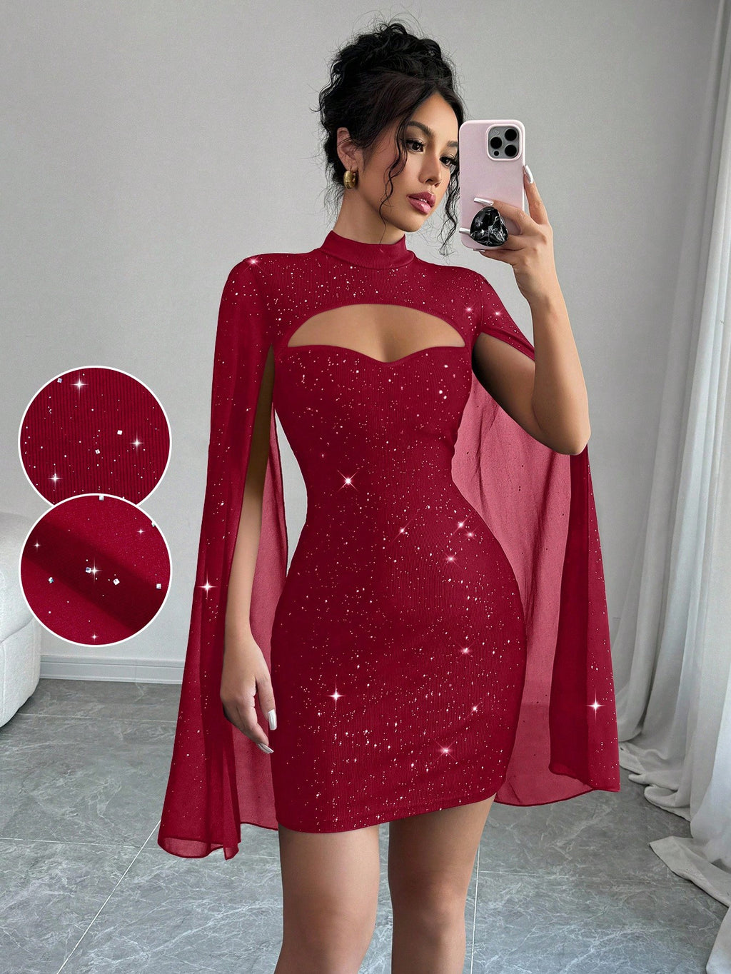 Elegant Glitter Cape Sleeve Cut-Out Mini Dress – Holiday Party Showstopper