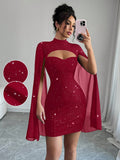 Elegant Glitter Cape Sleeve Cut-Out Mini Dress – Holiday Party Showstopper