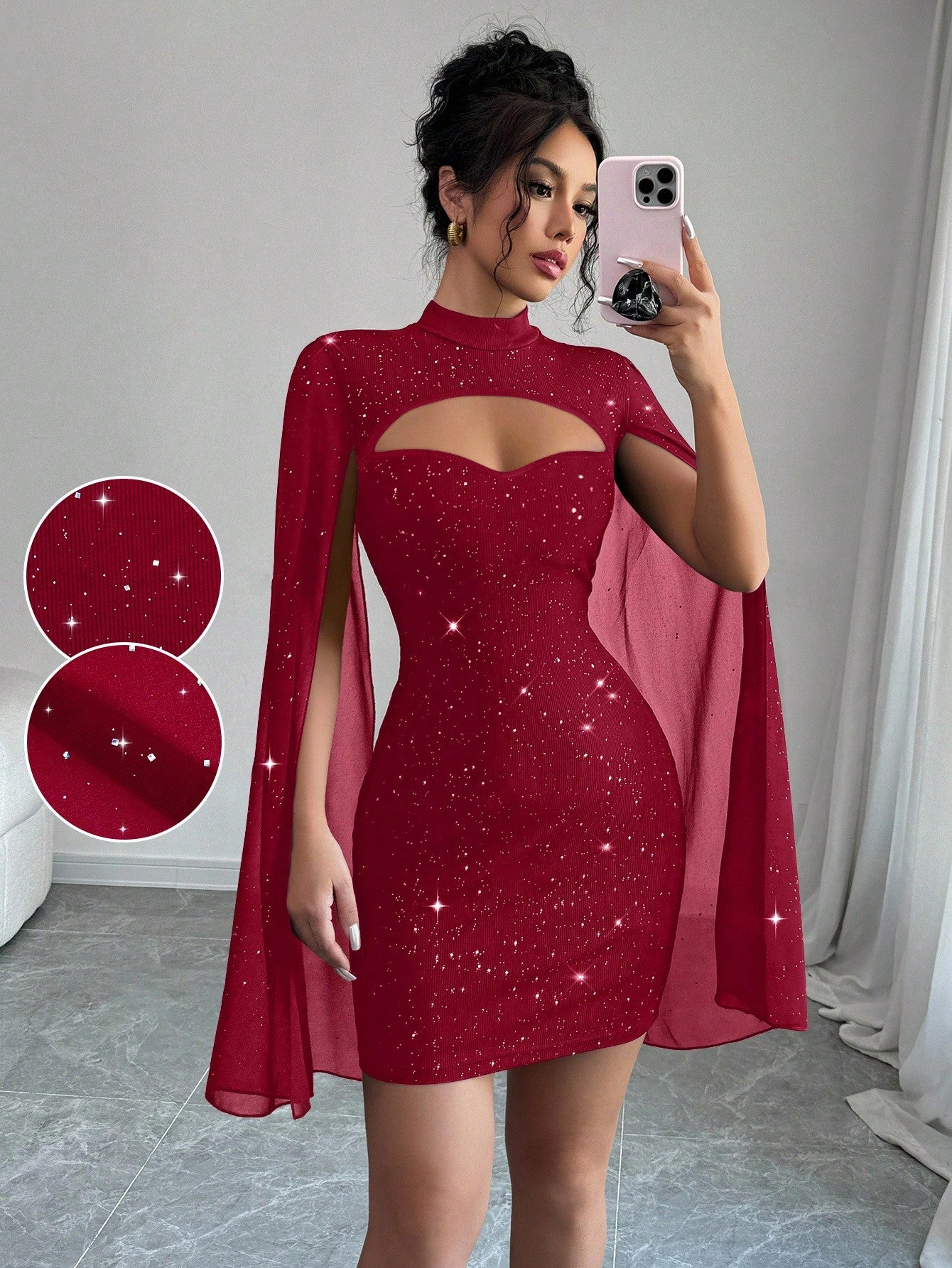 Elegant Glitter Cape Sleeve Cut-Out Mini Dress – Holiday Party Showstopper