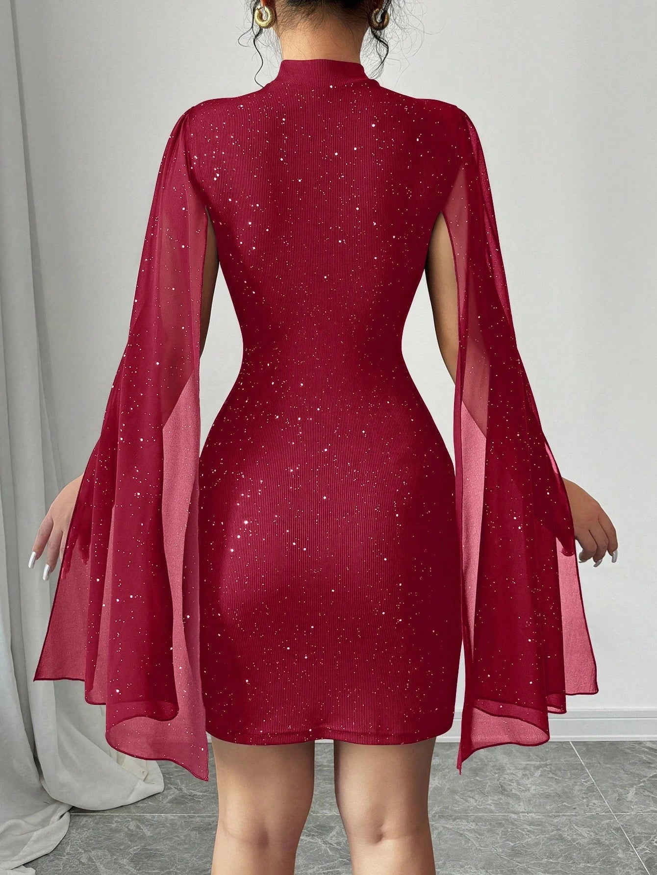 Elegant Glitter Cape Sleeve Cut-Out Mini Dress – Holiday Party Showstopper