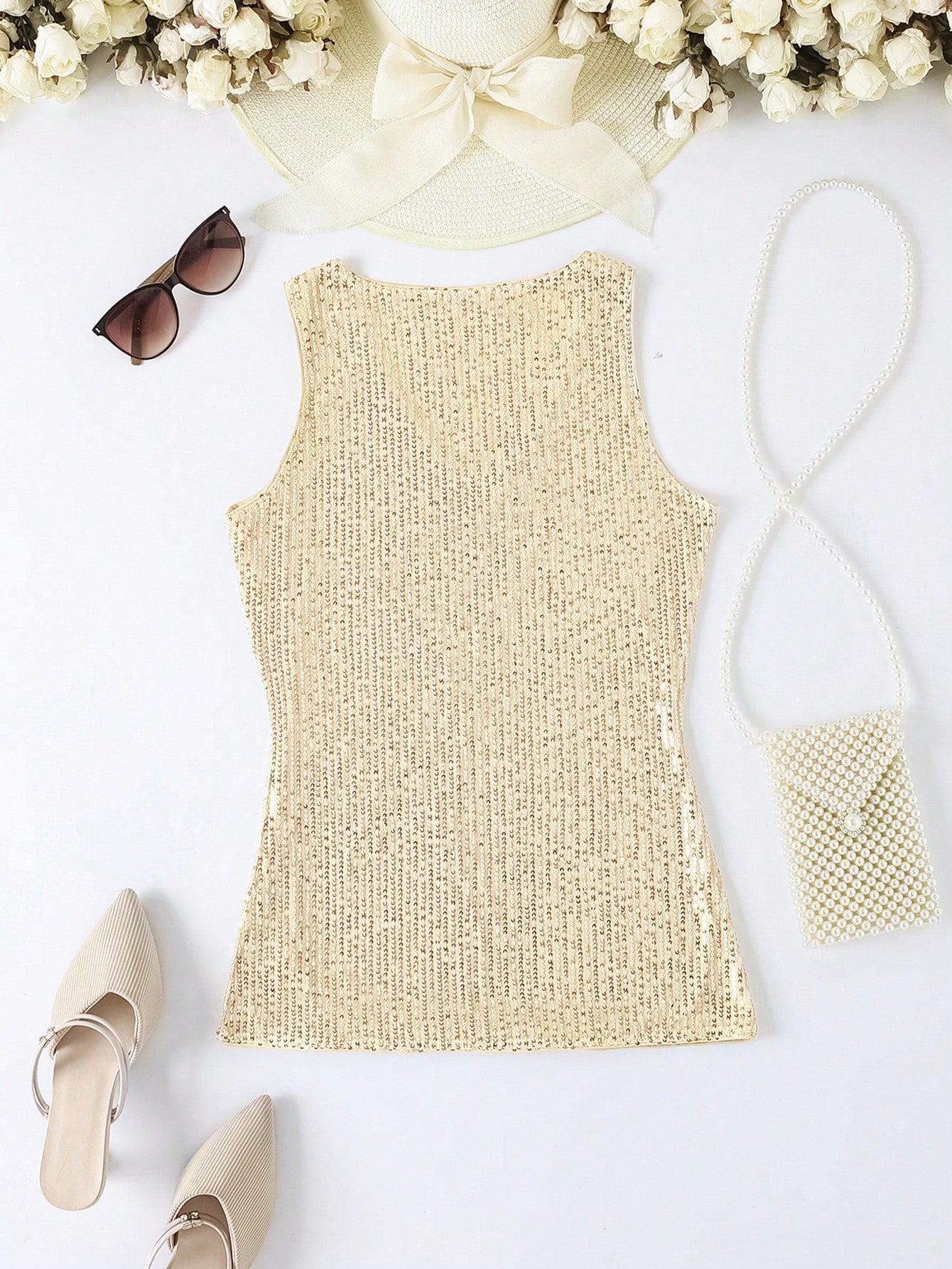 Golden Glow Sequin V-Neck Party Tank Top